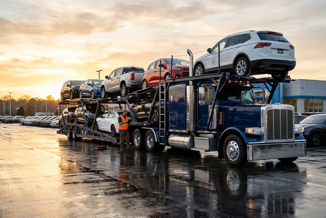 Nine-car transporter loaded at a dealership lot at golden hour